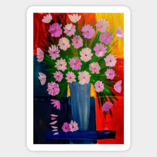 Mixed flowers in blue and silver vase on a colorful tiles background Sticker